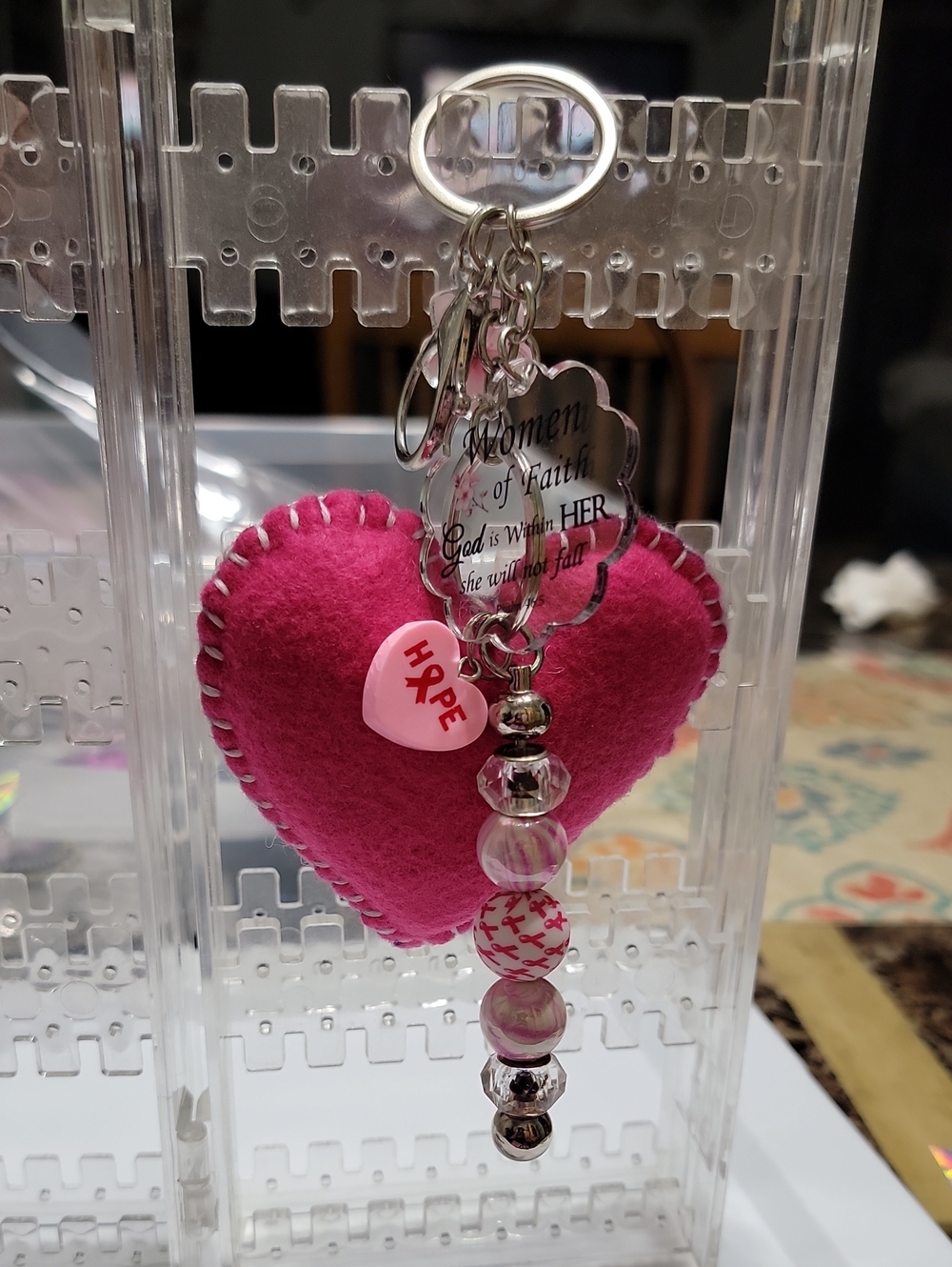 Pink Heart Ribbon Keychain - Soft Felt Womens Accessory - Picture 2 of 5
